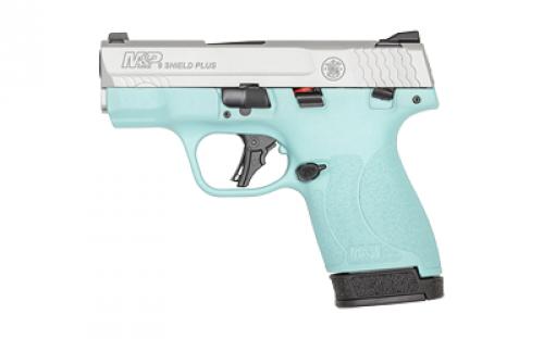 Smith & Wesson Shield Plus, M&P9, Semi-automatic, Striker Fired Polymer Frame Pistol, Micro-Compact, 9MM, 3.1 Barrel, Cerakote Finish, Silver Slide, Robins Egg Blue Frame, White Dot Sights, Manual Thumb Safety, Flat Face Trigger, 2 Magazines, (1) 10-Round (1) 13-Round 14022