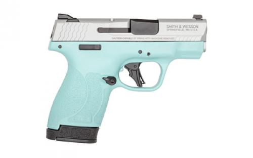 Smith & Wesson Shield Plus, M&P9, Semi-automatic, Striker Fired Polymer Frame Pistol, Micro-Compact, 9MM, 3.1" Barrel, Cerakote Finish, Silver Slide, Robins Egg Blue Frame, White Dot Sights, Manual Thumb Safety, Flat Face Trigger, 2 Magazines, (1) 10-Round (1) 13-Round 14022
