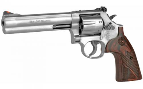 Smith & Wesson 686 Plus, Deluxe, Double Action, Metal Frame Revolver, L-Frame, 357 Magnum, 6" Barrel, Stainless Steel, Silver, Wood Grips, Adjustable Sights, 7 Rounds 150712