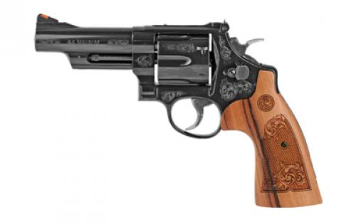 Smith & Wesson Model 29, Engraved, Double Action, Metal Frame Revolver, N-Frame, 44 Magnum, 4 Barrel, Carbon Steel, Blued Finish, Wood Grips, Adjustable Sights, 6 Rounds, Display Case 150783