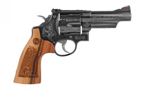 Smith & Wesson Model 29, Engraved, Double Action, Metal Frame Revolver, N-Frame, 44 Magnum, 4" Barrel, Carbon Steel, Blued Finish, Wood Grips, Adjustable Sights, 6 Rounds, Display Case 150783