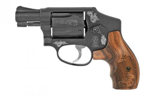 Smith & Wesson Model 442, Engraved, Double Action Only, Metal Frame Revolver, J-Frame, 38 Special +P, 1.875 Barrel, Aluminum, Blued Finish, Wood Grips, Fixed Sights, 5 Rounds 150785