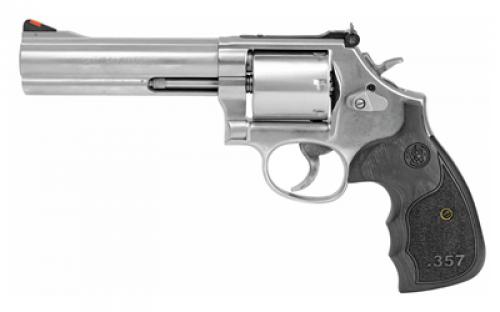 Smith & Wesson 686 Plus, Deluxe, 3-5-7 Magnum Series, Double Action, Metal Frame Revolver, L-Frame, 357 Magnum, 5 Barrel, Stainless Steel, Satin Finish, Silver, Adjustable Sights, Wood Grips, 7 Rounds 150854