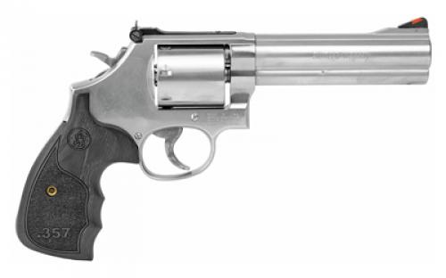 Smith & Wesson 686 Plus, Deluxe, 3-5-7 Magnum Series, Double Action, Metal Frame Revolver, L-Frame, 357 Magnum, 5" Barrel, Stainless Steel, Satin Finish, Silver, Adjustable Sights, Wood Grips, 7 Rounds 150854
