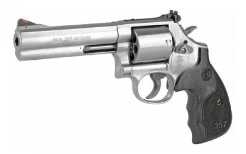 Smith & Wesson 686 Plus, Deluxe, 3-5-7 Magnum Series, Double Action, Metal Frame Revolver, L-Frame, 357 Magnum, 5" Barrel, Stainless Steel, Satin Finish, Silver, Adjustable Sights, Wood Grips, 7 Rounds 150854