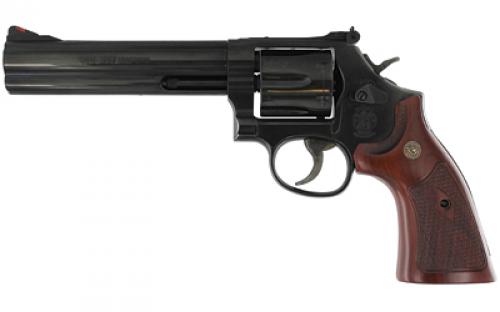 Smith & Wesson Model 586, Classic, Double Action, Metal Frame Revolver, L-Frame, 357 Magnum, 6 Barrel, Carbon Steel, Blued Finish, Wood Grips, Red Ramp White Outline Sights, 6 Rounds 150908