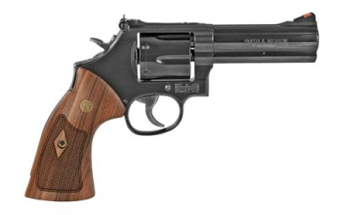 Smith & Wesson Model 586, Classic, Double Action, Metal Frame Revolver, L-Frame, 357 Magnum, 4" Barrel, Carbon Steel, Blue Finish, Wood Grips, Red Ramp White Outline Sights, 6 Rounds 150909
