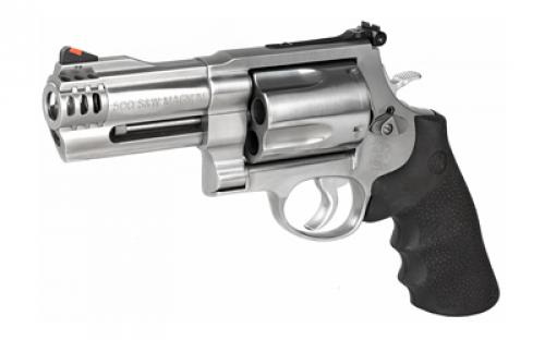 Smith & Wesson Model 500, Double Action, Metal Frame Revolver, X-Frame, 500 S&W, 4" Barrel, Stainless Steel, Satin Finish, Silver, Rubber Grips, Adjustable Sights, 5 Rounds 163504