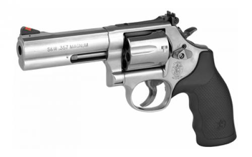 Smith & Wesson Model 686 Plus, Double Action/Single Action, Metal Frame Revolver, L-Frame, 357 Magnum, 4.13" Barrel, Stainless Steel, Satin Finish, Silver, Rubber Grips, Adjustable Rear Sight, 7 Rounds 164194