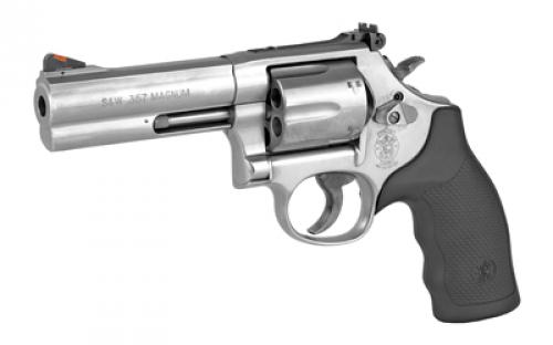 Smith & Wesson Model 686, Double/Single Action, Metal Frame Revolver, L-Frame, 357 Magnum, 4.13" Barrel, Stainless Steel, Satin Finish, Silver, Rubber Grips, Adjustable Rear Sight, 6 Rounds 164222