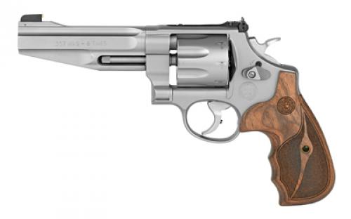 Smith & Wesson Model 627, Performance Center, Double Action, Metal Frame Revolver, N-Frame, 357 Magnum, 5 Barrel, Stainless Steel, Matte Finish, Silver, Wood Grips, Adjustable Rear Sight, Gold Bead Front Sight, 8 Rounds, Performance Center Tuned Action 170210