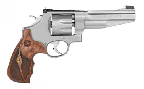 Smith & Wesson Model 627, Performance Center, Double Action, Metal Frame Revolver, N-Frame, 357 Magnum, 5" Barrel, Stainless Steel, Matte Finish, Silver, Wood Grips, Adjustable Rear Sight, Gold Bead Front Sight, 8 Rounds, Performance Center Tuned Action 170210