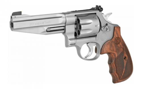 Smith & Wesson Model 627, Performance Center, Double Action, Metal Frame Revolver, N-Frame, 357 Magnum, 5" Barrel, Stainless Steel, Matte Finish, Silver, Wood Grips, Adjustable Rear Sight, Gold Bead Front Sight, 8 Rounds, Performance Center Tuned Action 170210