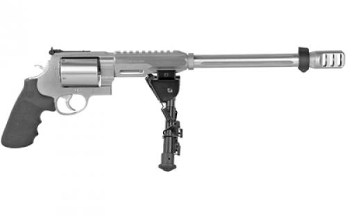 Smith & Wesson Model 460XVR, Performance Center, Double Action, Metal Frame Revolver, X-Large Frame, 460 S&W, 14" Fluted Barrel with Muzzle Brake, Stainless Steel, Satin Finish, Silver, Adjustable Sights, 5 Rounds, Performance Center Tuned Action, Bipod, Fired Casing 170339