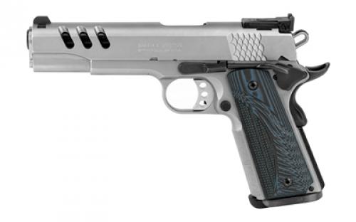 Smith & Wesson 1911, Performance Center, Single Action Only, Semi-automatic, Metal Frame Pistol, Full Size, 45 ACP, 5 Barrel, Stainless Frame, Stainless Steel, Matte Finish, Silver, Blue G10 Grips, Adjustable Sights, Ambidextrous Thumb Safety,  8 Rounds, 2 Magazines 170343