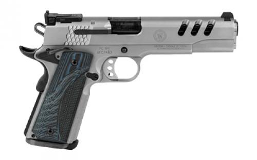 Smith & Wesson 1911, Performance Center, Single Action Only, Semi-automatic, Metal Frame Pistol, Full Size, 45 ACP, 5" Barrel, Stainless Frame, Stainless Steel, Matte Finish, Silver, Blue G10 Grips, Adjustable Sights, Ambidextrous Thumb Safety,  8 Rounds, 2 Magazines 170343