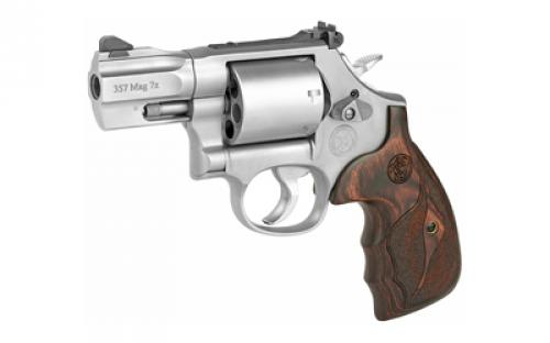 Smith & Wesson Model 686, Performance Center, Double Action, Metal Frame Revolver, L-Frame, 357 Magnum, 2.5" Barrel, Stainless Steel, Matte Finish, Silver, Wood Grips, Adjustable Sights, 7 Rounds, Fired Case 170346