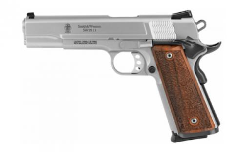 Smith & Wesson 1911, Performance Center, Pro Series, Single Action Only, Metal Frame Pistol, Full Size, 9MM, 5 Barrel, Stainless Steel, Glass Bead Finish, Wood Grips, Fixed Sights, 10 Rounds, 2 Magazines 178017