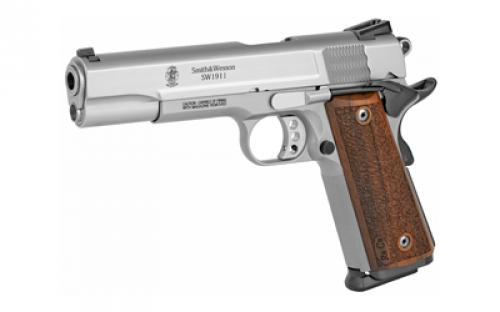Smith & Wesson 1911, Performance Center, Pro Series, Single Action Only, Metal Frame Pistol, Full Size, 9MM, 5" Barrel, Stainless Steel, Glass Bead Finish, Wood Grips, Fixed Sights, 10 Rounds, 2 Magazines 178017