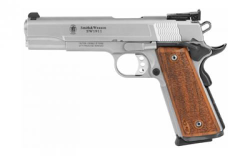 Smith & Wesson 1911, Performance Center, Pro Series, Single Action Only, Metal Frame Pistol, Full Size, 9MM, 5 Barrel, Stainless Steel, Satin Finish, Silver, Wood Grips, Adjustable Sights, 10 Rounds, 2 Magazines 178047