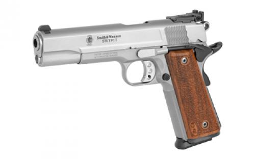 Smith & Wesson 1911, Performance Center, Pro Series, Single Action Only, Metal Frame Pistol, Full Size, 9MM, 5" Barrel, Stainless Steel, Satin Finish, Silver, Wood Grips, Adjustable Sights, 10 Rounds, 2 Magazines 178047
