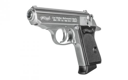 Walther PPK, Semi-automatic, Metal Frame Pistol, 380ACP, 3.3" Barrel, Steel, Stainless, Fixed Sights, 6 Rounds, 2 Magazines 4796001