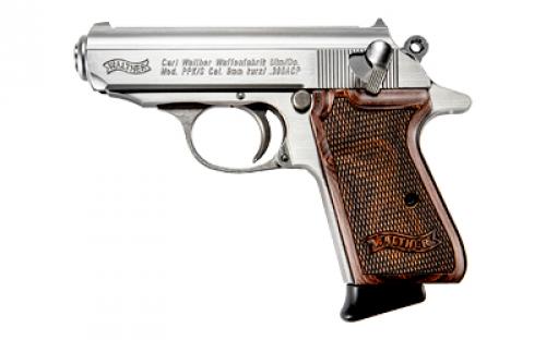 Walther PPK/S, Semi-automatic, Metal Frame Pistol, Compact, 380ACP, 3.3 Barrel, Steel, Stainless, Walnut Grips, Fixed Sights, 7 Rounds, 2 Magazines 4796004WG