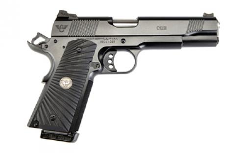 Wilson Combat CQB, Single Action Only, Semi-automatic, Metal Frame Pistol, Full Size, 45 ACP, 5" Barrel, Steel Frame, Armor Tuff Finish, Black, G10 Starburst Grips, Fiber Optic Front Sight and Rear Battlesight, Ambidextrous Thumb Safety, 8 Rounds, 2 Magazines CQB-FS-45