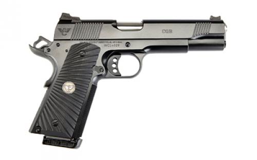 Wilson Combat CQB Elite, 1911, Semi-automatic, Metal Frame Pistol, Full Size, 45 ACP, 5 Barrel, Stainless Steel Frame, Glass Bead Blasted Finish, Silver, G10 Diagonal Flat Bottom Grips, Fiber Optic Front Sight and Rear Battlesight, Thumb Safety, 8 Rounds, (2) 500 8-Round Magazines CQBE-FS-45-SS