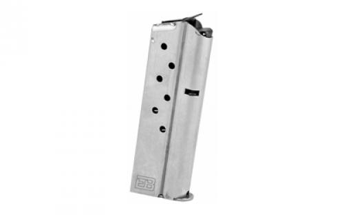Ed Brown Magazine, 9MM, 8 Rounds, Fits 1911 Officer's Model, Includes 1 Thick and 1 Thin Base Pad, Stainless, Silver 849-OF