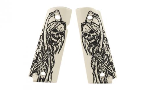 Hogue Polymer Grip, Scrimshaw, Fits 1911 Govt Model, Grim Reaper Full Body, Ambi Cut, Ivory 45029