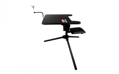 Birchwood Casey Swivel Action Shooting Bench, Seat and Top Swivel 360 Degrees, Extended Armrests, Adjustable Rubber Coated Gun Rest, 2 Shell Gear Pockets, Rated for 300LBS, Black BC-MSB300