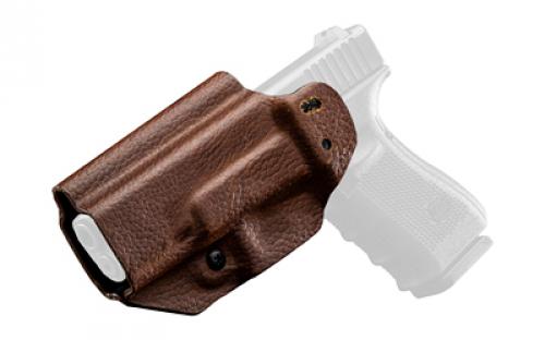 Mission First Tactical Hybrid Holster, Inside Waistband Holster, Ambidextrous, Fits Glock 19/23/45, Kydex with Leather Shell, Includes 1.5 Belt Attachment, Brown H3-GL-1-BR1
