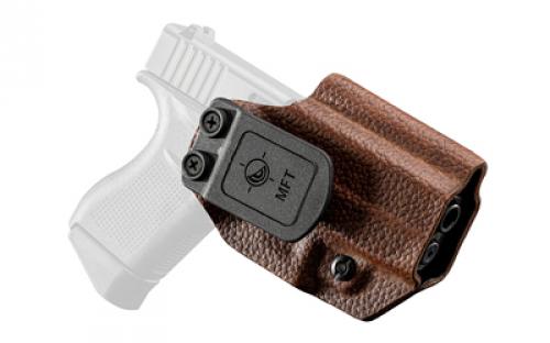 Mission First Tactical Hybrid Holster, Inside Waistband Holster, Ambidextrous, Fits Glock 43/43X, Kydex with Leather Shell, Includes 1.5" Belt Attachment, Brown H3-GL-3-BR1