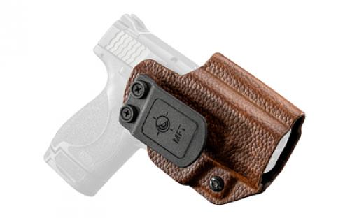 Mission First Tactical Hybrid Holster, Inside Waistband Holster, Ambidextrous, Fits S&W Shield, Kydex with Leather Shell, Includes 1.5" Belt Attachment, Brown H3-SAW-1-BR1