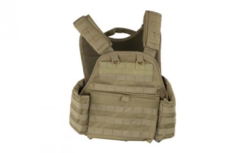 NCSTAR Plate Carrier Vest, Nylon, Tan, Size Medium-2XL, Fully Adjustable, PALS/ MOLLE Webbing, Compatible with 10" x 12" Hard Plates CVPCV2924T