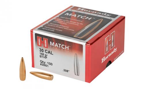 Hornady Match, .308 Diameter, 30 Caliber, 168 Grain, Boat Tail Hollow Point, 100 Count 30501