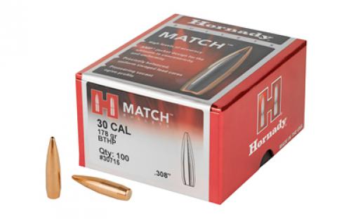Hornady Match, .308 Diameter, 30 Caliber, 178 Grain, Boat Tail Hollow Point, 100 Count 30715