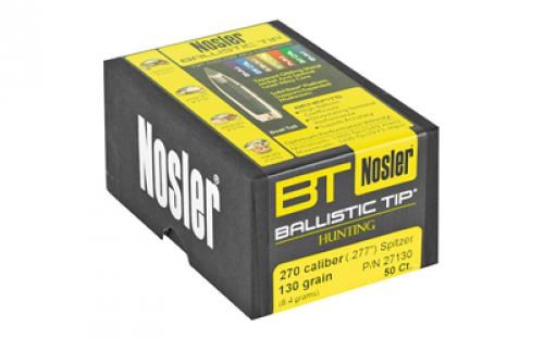NOSLER Ballistic Tip, .277 Diameter, 270 Caliber, 130 Grain, Spitzer Boat Tail, 50 Count 27130