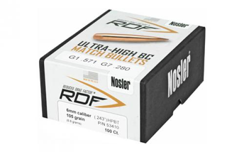 NOSLER RDF, .243 Diameter, 6MM/243 Winchester, 105 Grain, Hollow Point Boat Tail, 100 Count 53410