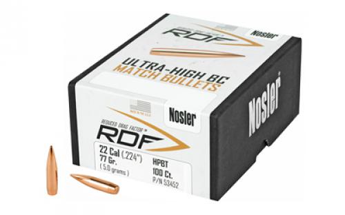 NOSLER RDF, .224 Diameter, 22 Caliber, 77 Grain, Hollow Point Boat Tail, 100 Count 53452