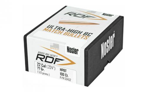 NOSLER RDF, .224 Diameter, 22 Caliber, 77 Grain, Hollow Point Boat Tail, 100 Count 53452
