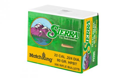 Sierra Bullets MatchKing, .224 Diameter, 22 Caliber, 80 Grain, Hollow Point Boat Tail, 500 Count 9390