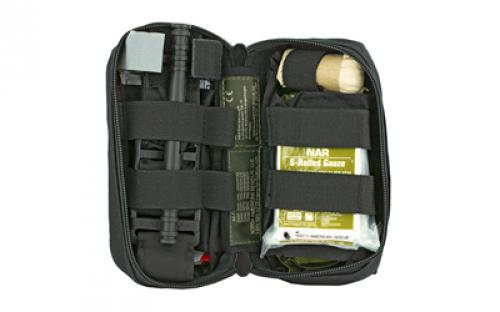 North American Rescue M-FAK Mini First Aid Kit, Contains: 1 C-A-T Tourniquet, 1 ETD 4 Flat, 1 Gauze S-Rolled, 1 HyFin Compact Chest Seal Twin Pack, 1 Pair Nitrile Gloves in Large, 500 Denier Nylon Bag, Black Finish 80-0494