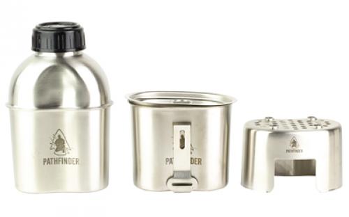 Pathfinder Canteen Cooking Set, 39oz Wide-mouth Stainless Steel Canteen, 25oz Stainless Steel Nesting Cup, Stainless Steel Canteen Nesting Stove, Pathfinder Canteen Cup Lid PFCCS-101