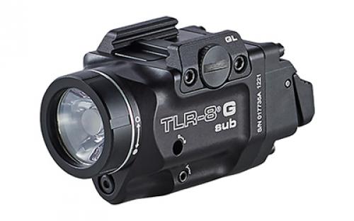 Streamlight Streamlight TLR-8 G Sub, White LED with Green Laser, Fits Glock 43x/48 MOS, 500 Lumens, Anodized Finish, Black, Includes (1) CR123a Battery, Low and High Switches 69431