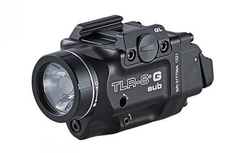 Streamlight Streamlight TLR-8 G Sub, White LED with Green Laser, Fits Springfield Hellcat, 500 Lumens, Anodized Finish, Black, Includes (1) CR123a Battery, Low and High Switches 69439