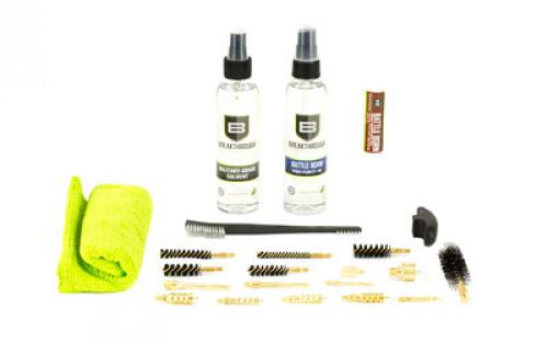 Breakthrough Clean Technologies (6) Nylon Bore Brushes (.22/.223 cal., .30 cal., .357 cal/.38 cal./9MM, 10MM/.40 cal., .45 cal., 12 Gauge), Shotgun Rod Adapter, Brass Shotgun Patch Holder, (2) Brass Patch Holders (.22/.223 cal., .30 cal.), (6) Brass Patch Jags .22 cal. through 12 Gauge, Cleaning Patches, Silicone Cloth, Swab-its Gun-tips Foam Swabs, 6oz Bottle of Breakthrough Mili