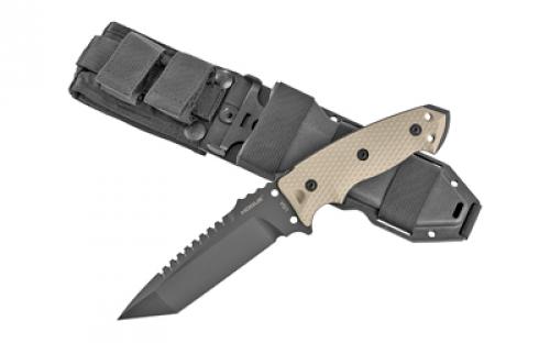Hogue EX-F01, Fixed Blade Knife, 5.5 Tanto Blade with Broad Rear Saw Teeth, Black Cerakote Finish, A2 Tool Steel, G10 Flat Dark Earth Handle, Includes Retention Sheath 35127