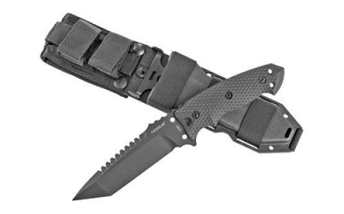 Hogue EX-F01, Fixed Blade Knife, 5.5 Tanto Blade with Broad Rear Saw Teeth, Black Cerakote Finish, A2 Tool Steel, G10 Black Handle Includes Retention Sheath 35129